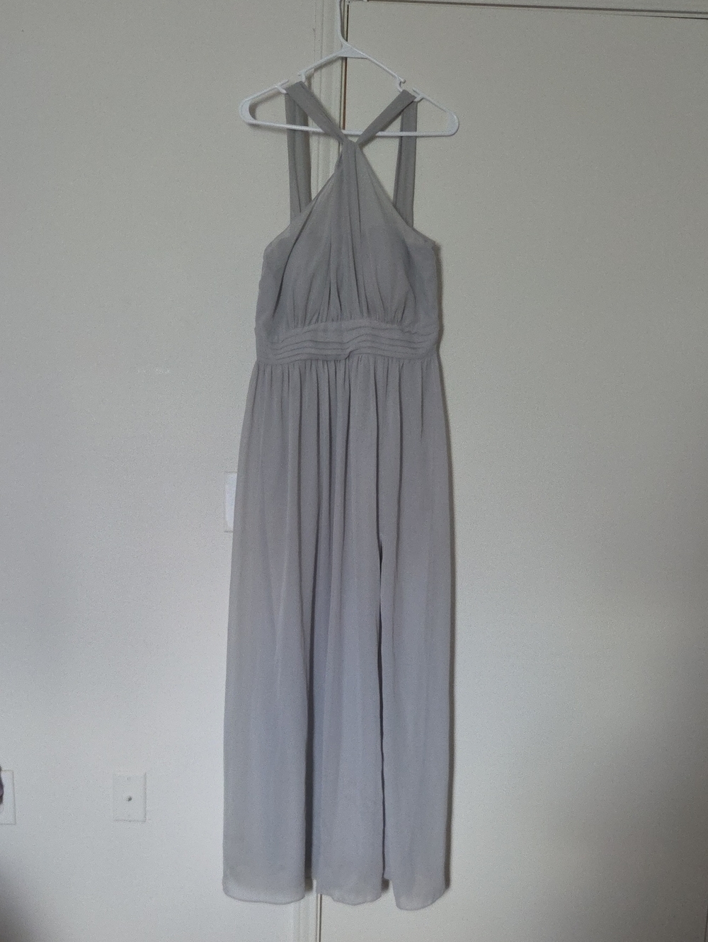 Birdy Grey Light Gray Cross-Back Halter Maxi Dress